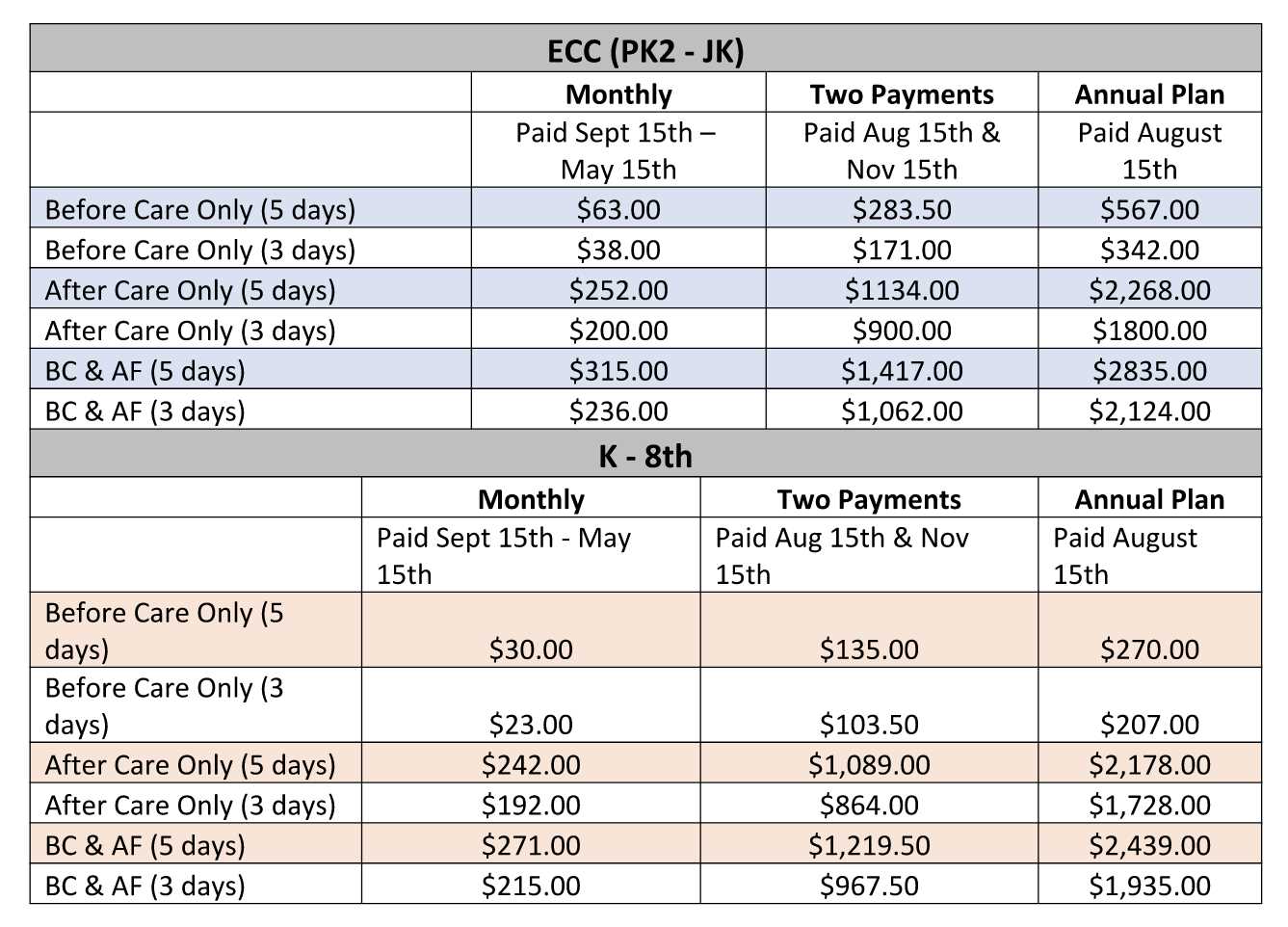 after school fee chart